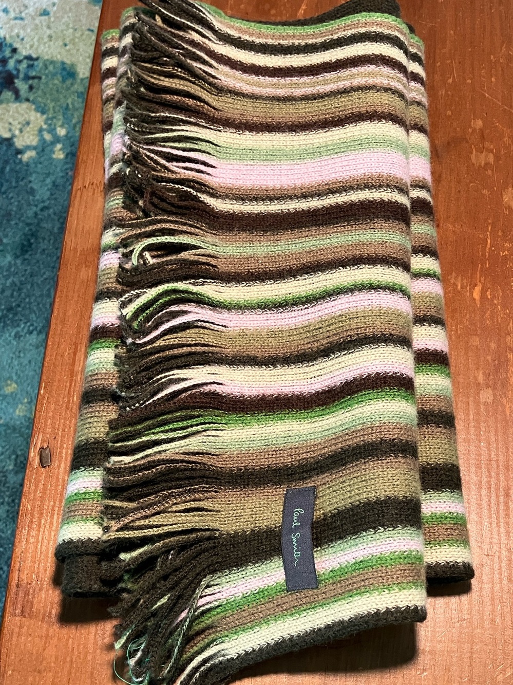 Paul Smith Multicolor Striped Wool Scarf Fringe Reversible Green Pink Brown